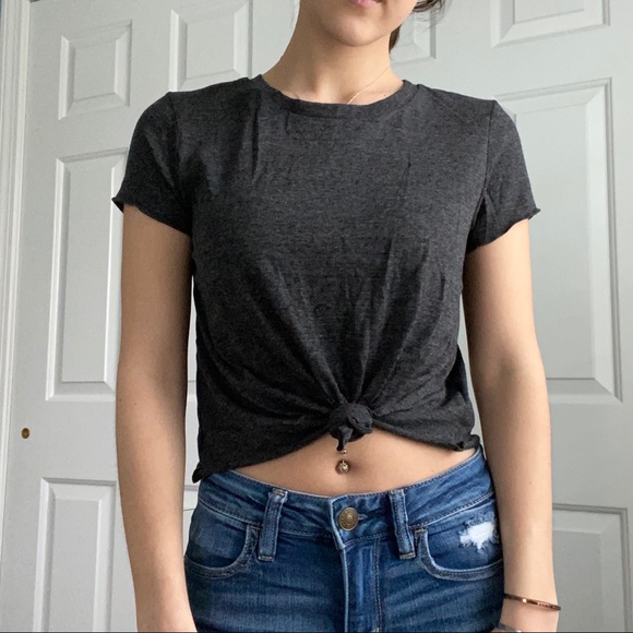 Dark Gray Cropped Tie Tee - Picture 2 of 7